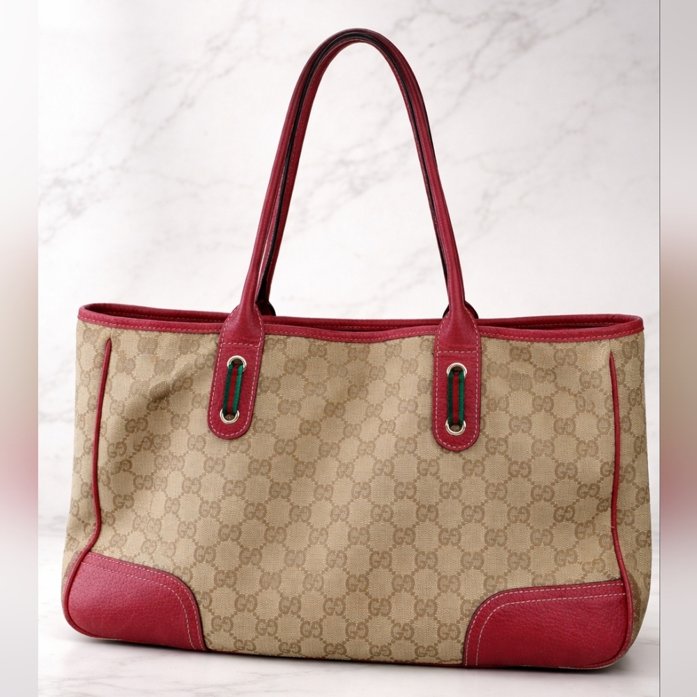 Gucci GG Canvas Tote Bag Red Leather Trim Monogram Shoulder Bag Authentic - Picture 2 of 12